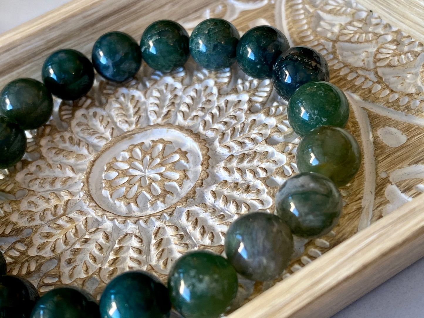 10mm Moss Agate Wrist Mala Chunky Gemstone Bracelet