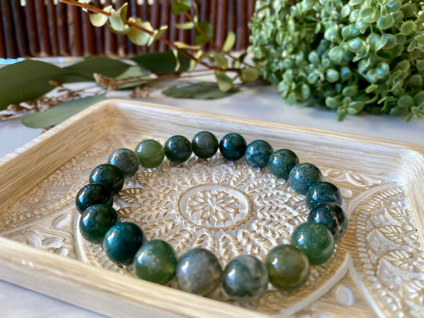 10mm Moss Agate Wrist Mala Chunky Gemstone Bracelet