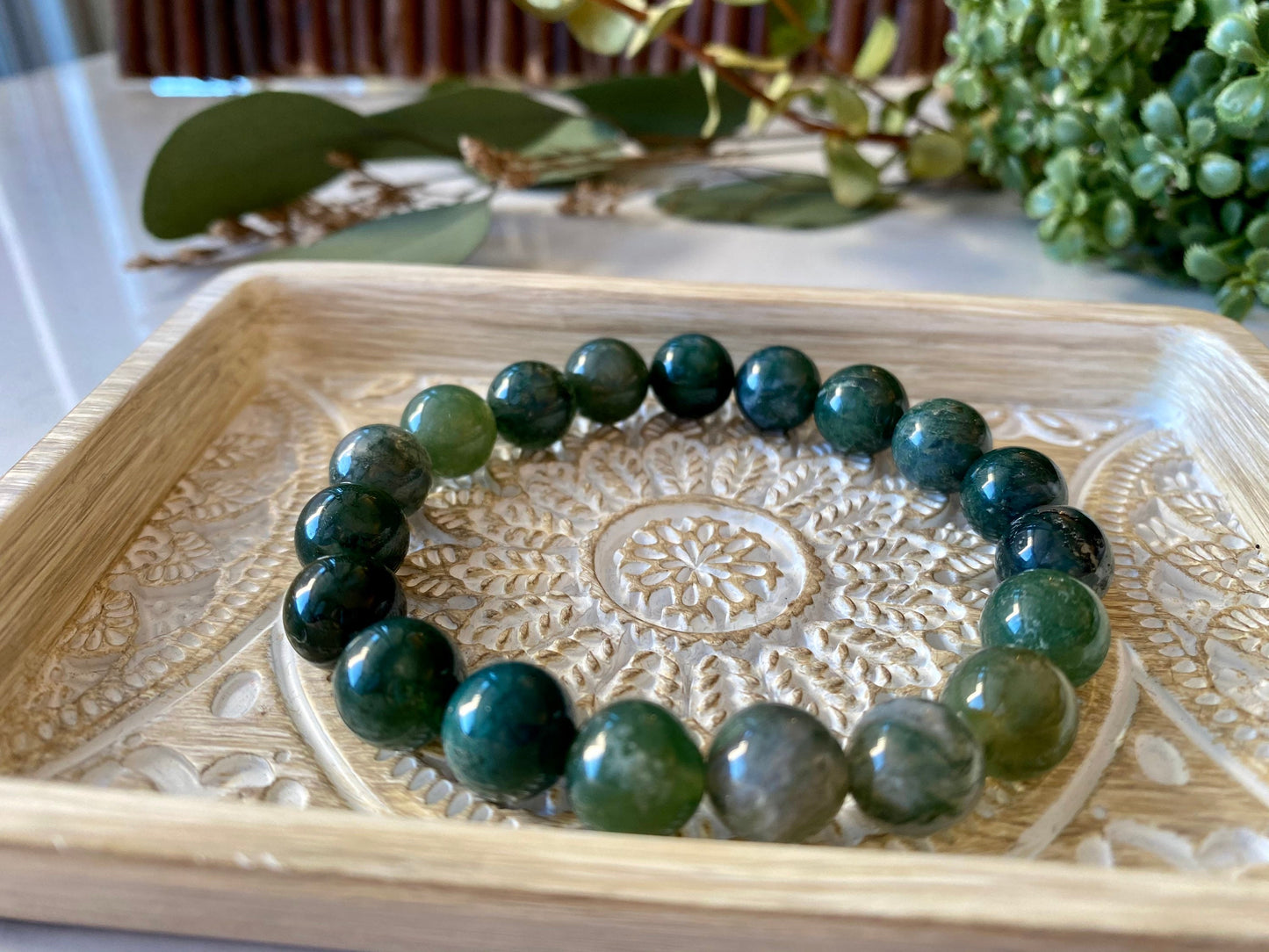 10mm Moss Agate Wrist Mala Chunky Gemstone Bracelet