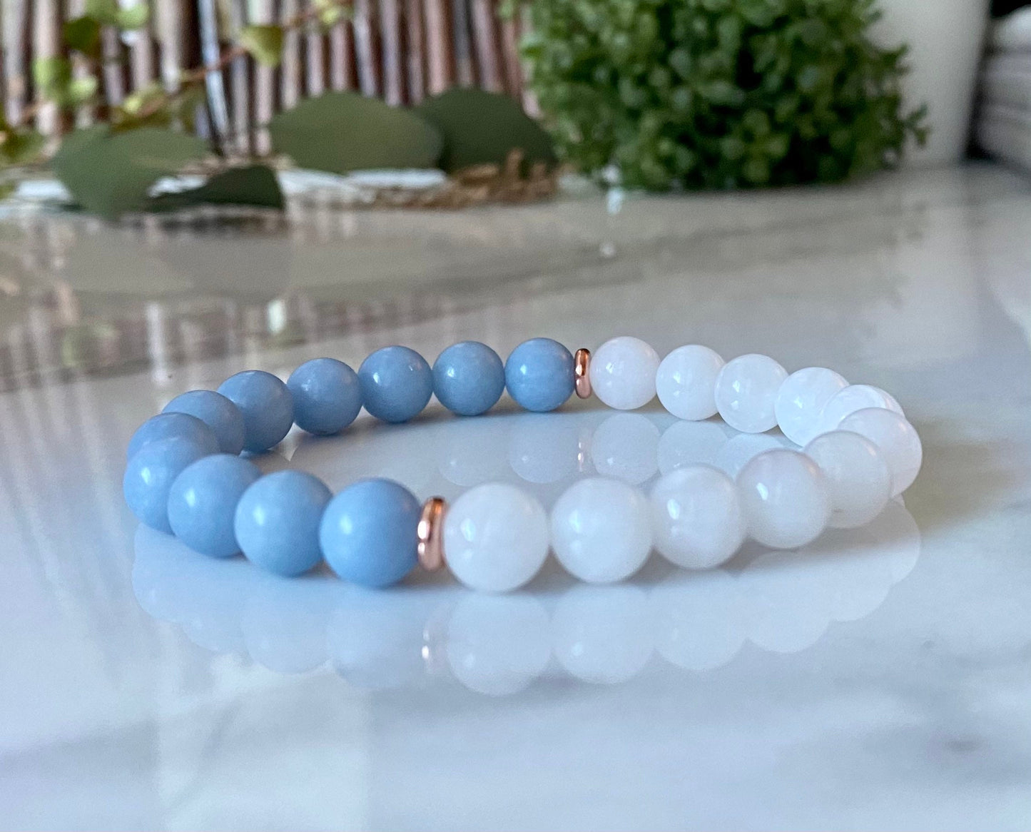 8mm Angelite & White Moonstone Wrist Mala Beaded Bracelets