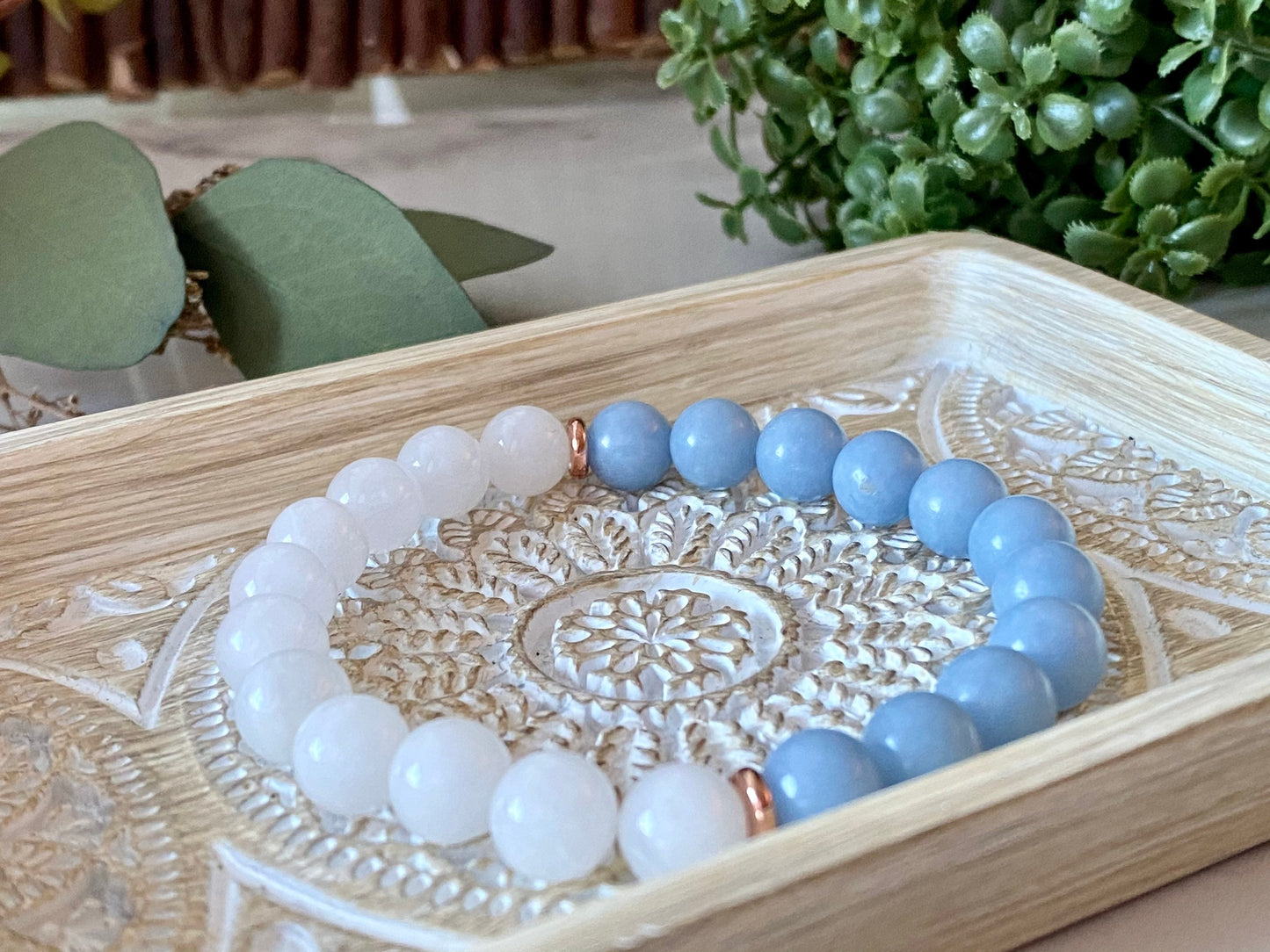 8mm Angelite & White Moonstone Wrist Mala Beaded Bracelets