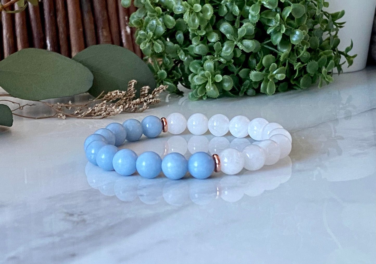 8mm Angelite & White Moonstone Wrist Mala Beaded Bracelets