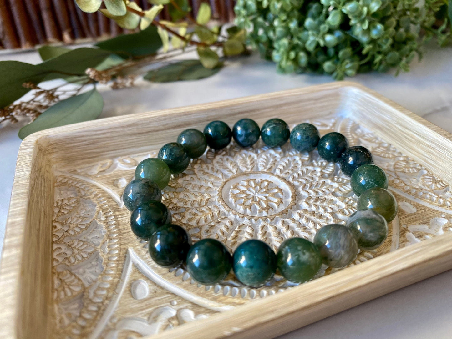 10mm Moss Agate Wrist Mala Chunky Gemstone Bracelet
