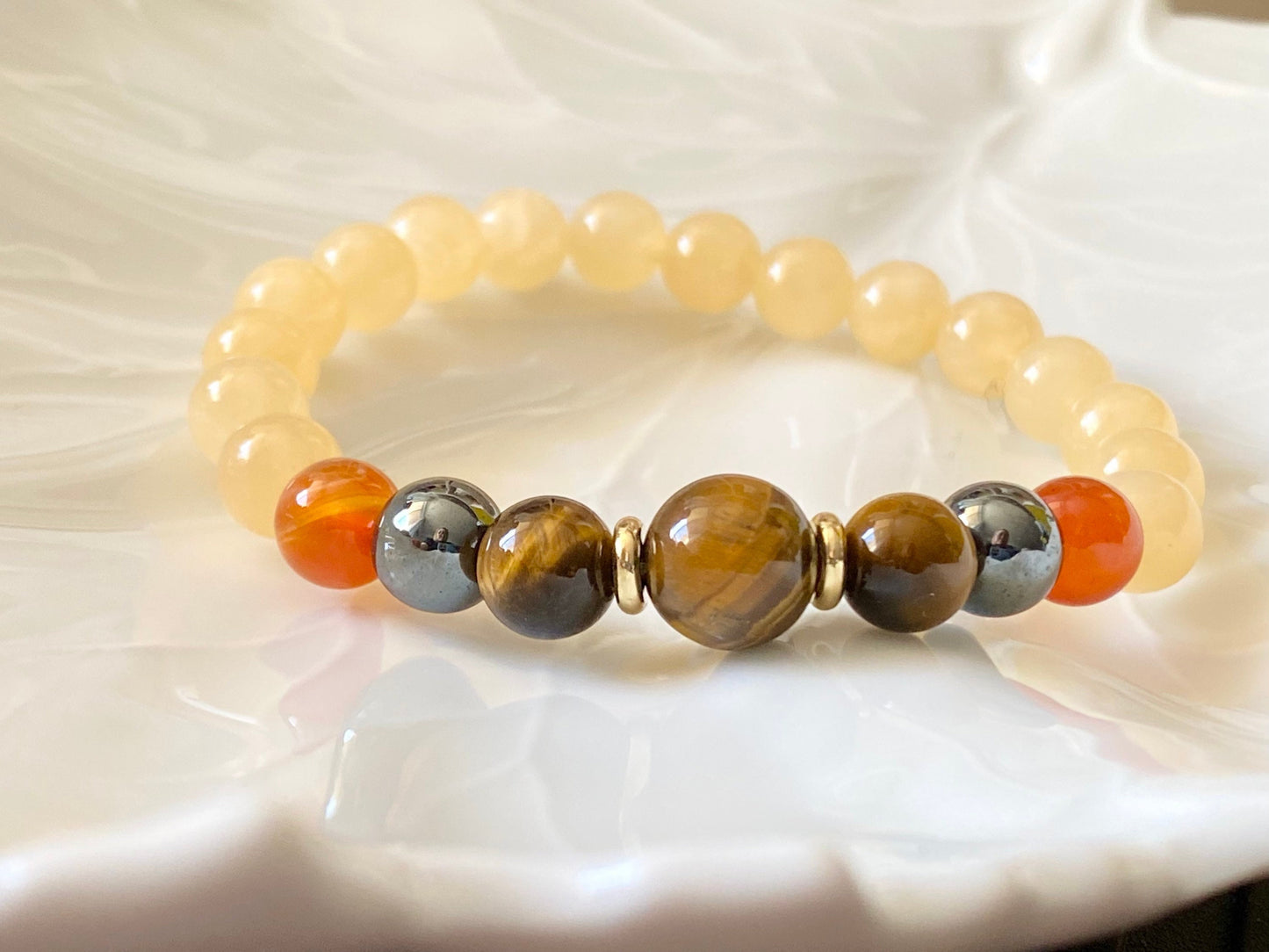 Yellow Jade, Tiger's Eye, Carnelian, Hematite Beaded Bracelet