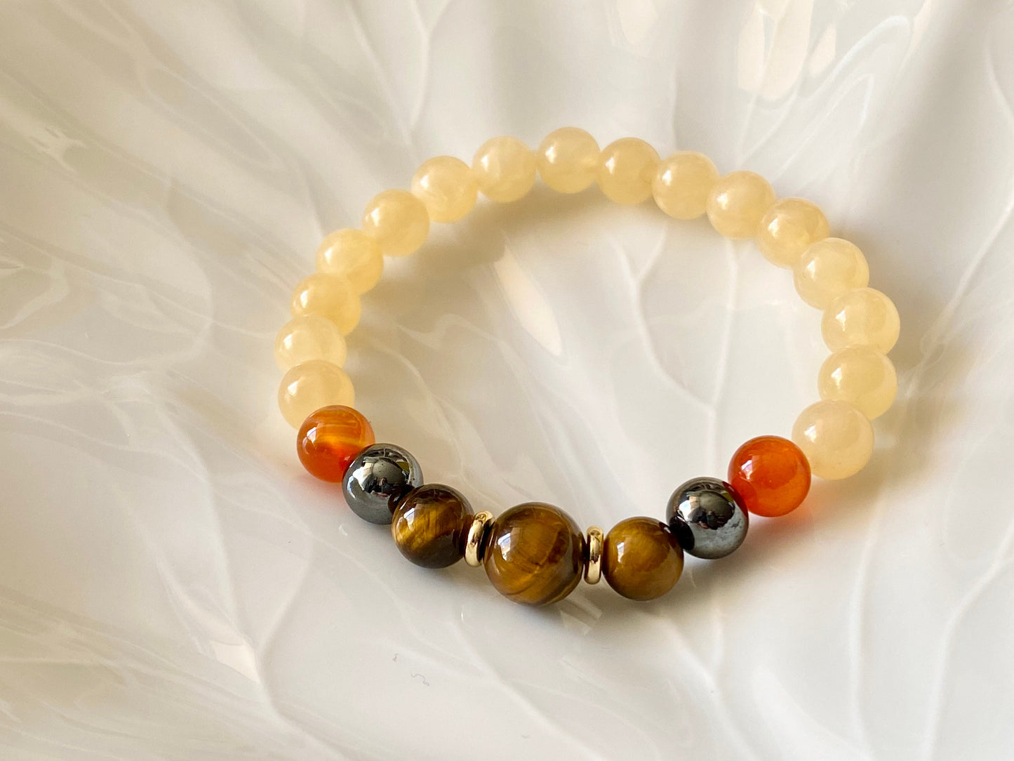Yellow Jade, Tiger's Eye, Carnelian, Hematite Beaded Bracelet