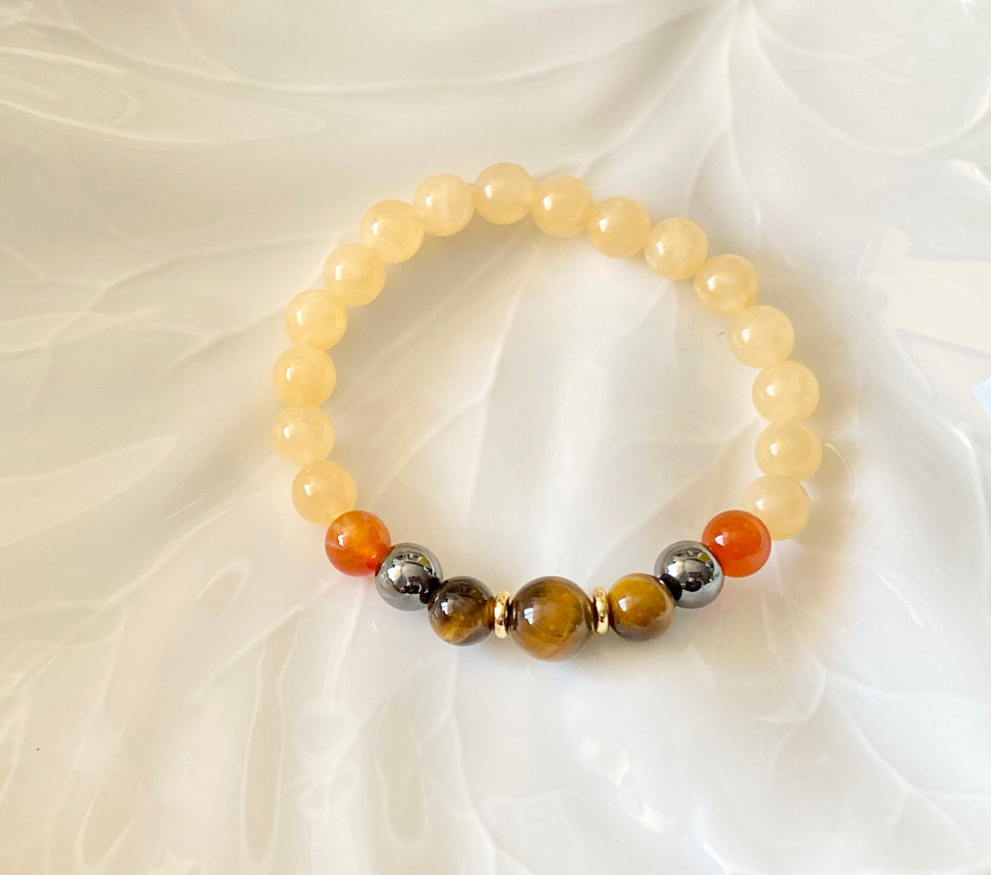 Yellow Jade, Tiger's Eye, Carnelian, Hematite Beaded Bracelet