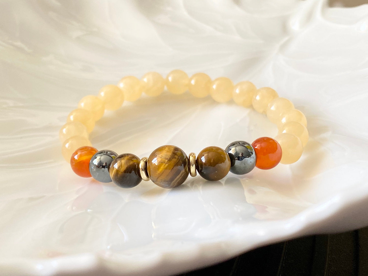 Yellow Jade, Tiger's Eye, Carnelian, Hematite Beaded Bracelet