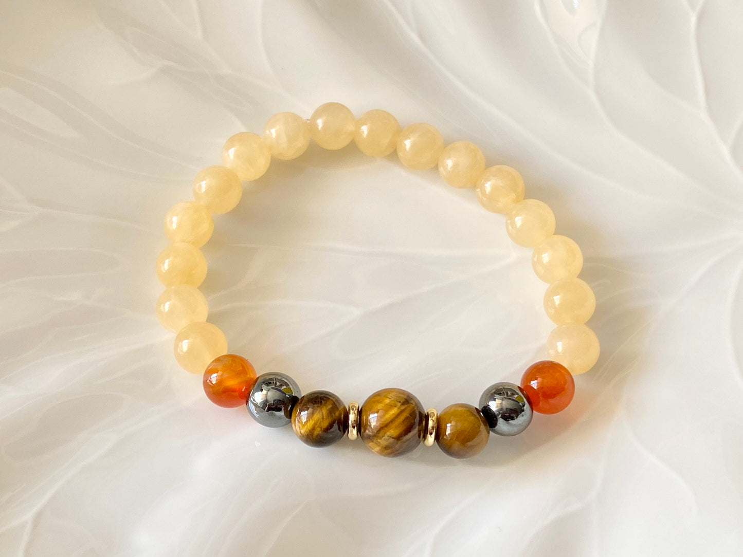 Yellow Jade, Tiger's Eye, Carnelian, Hematite Beaded Bracelet