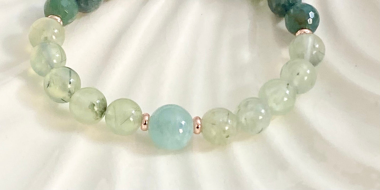 Moss Agate, Prehnite & Green Aquamarine Bead Bracelet