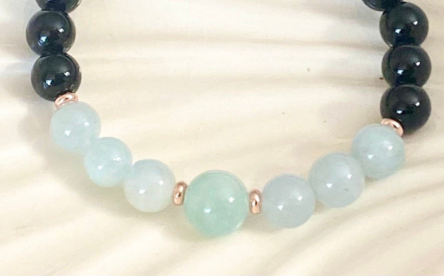 8mm Black Tourmaline, Aquamarine & 10mm Green Aquamarine Beaded Bracelet