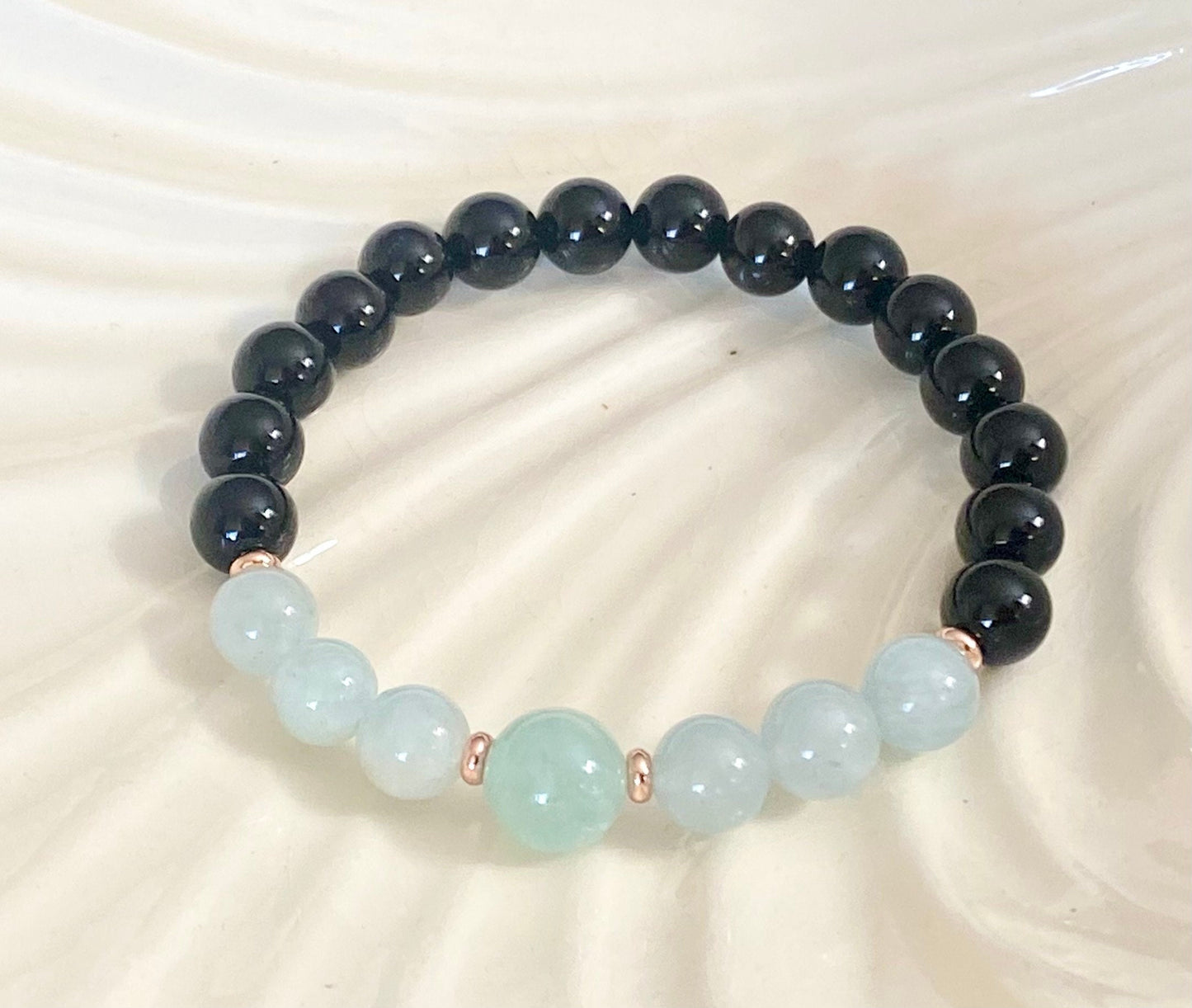 8mm Black Tourmaline, Aquamarine & 10mm Green Aquamarine Beaded Bracelet