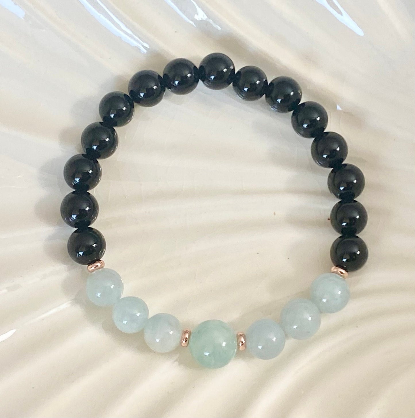 8mm Black Tourmaline, Aquamarine & 10mm Green Aquamarine Beaded Bracelet