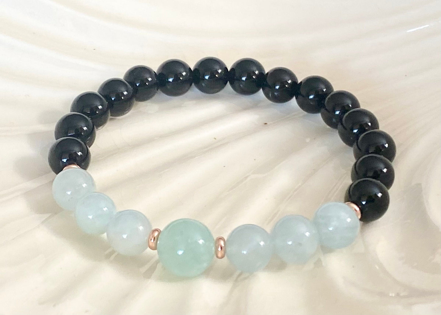 8mm Black Tourmaline, Aquamarine & 10mm Green Aquamarine Beaded Bracelet