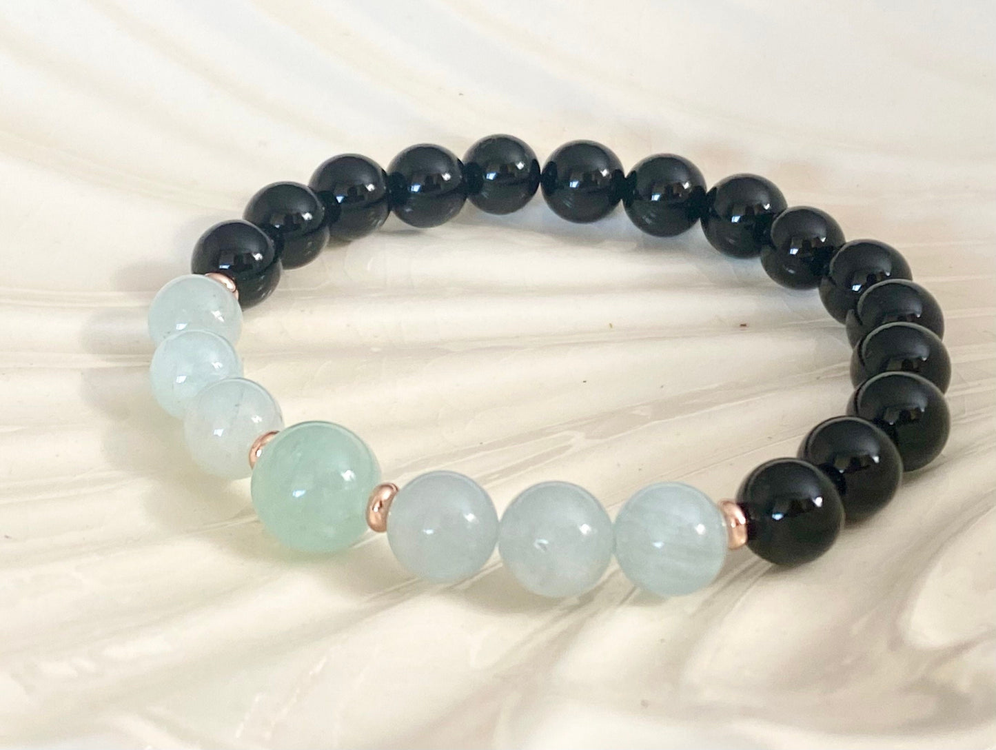 8mm Black Tourmaline, Aquamarine & 10mm Green Aquamarine Beaded Bracelet