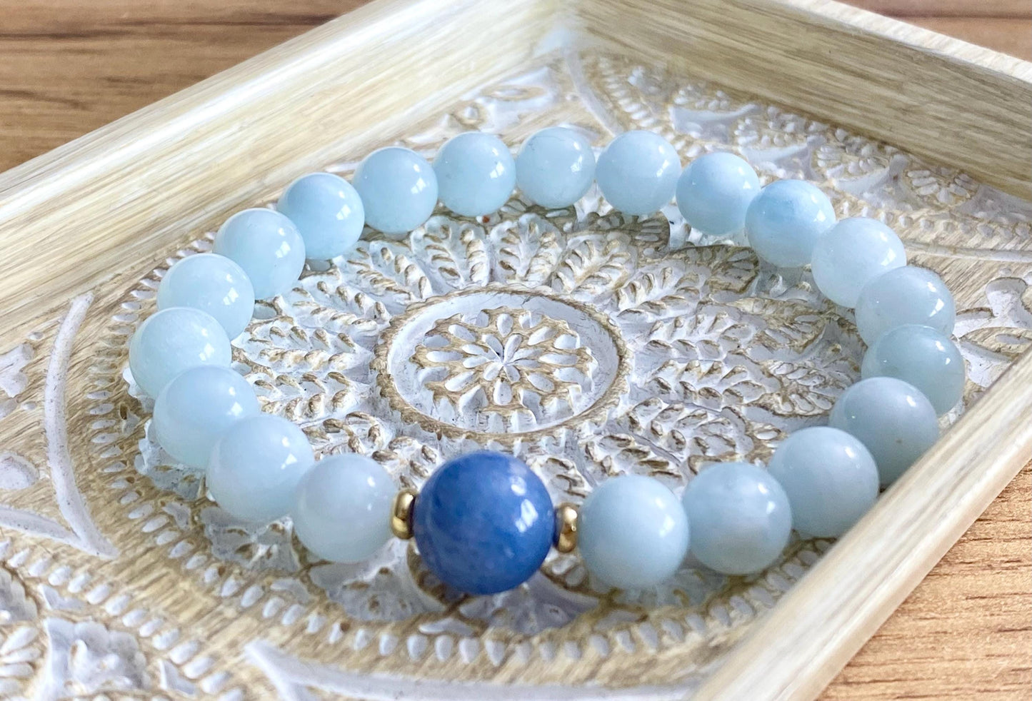 Aquamarine 8mm &  Blue Aventurine Beaded Bracelet