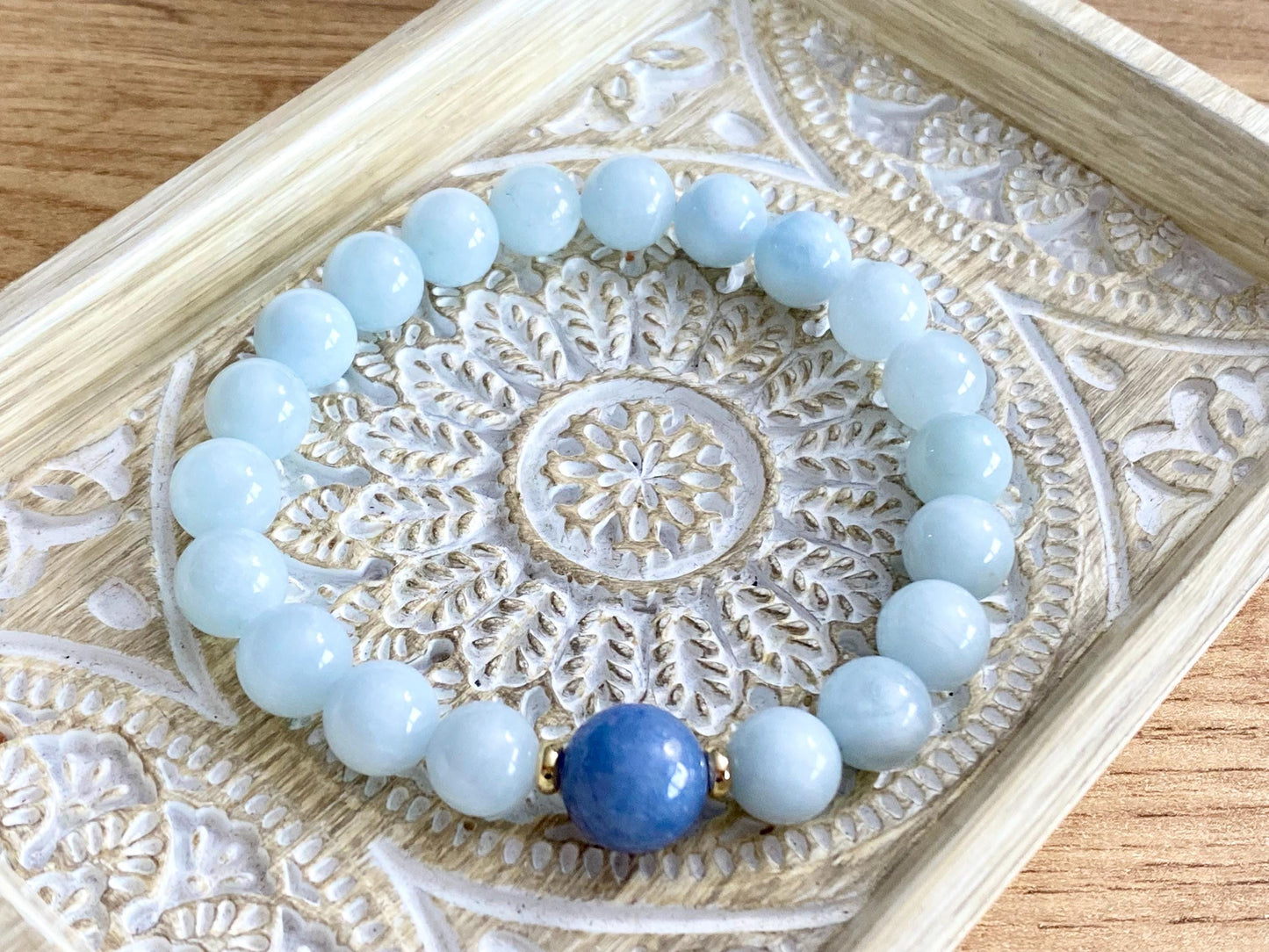 Aquamarine 8mm &  Blue Aventurine Beaded Bracelet