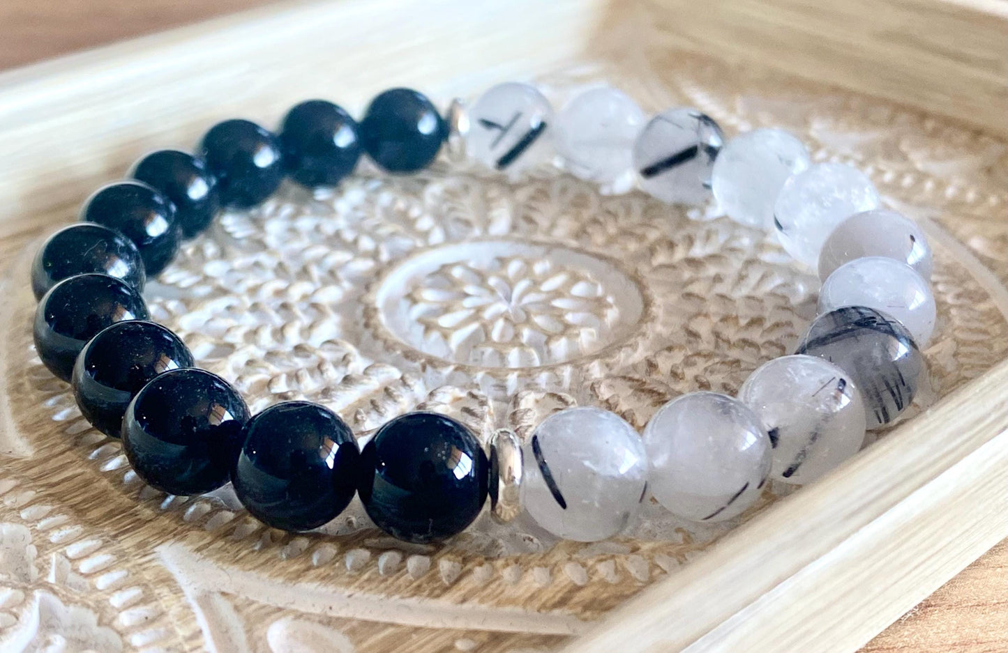 Double Protection Bracelet, Black Tourmaline & Tourmalinated Quartz Bracelet