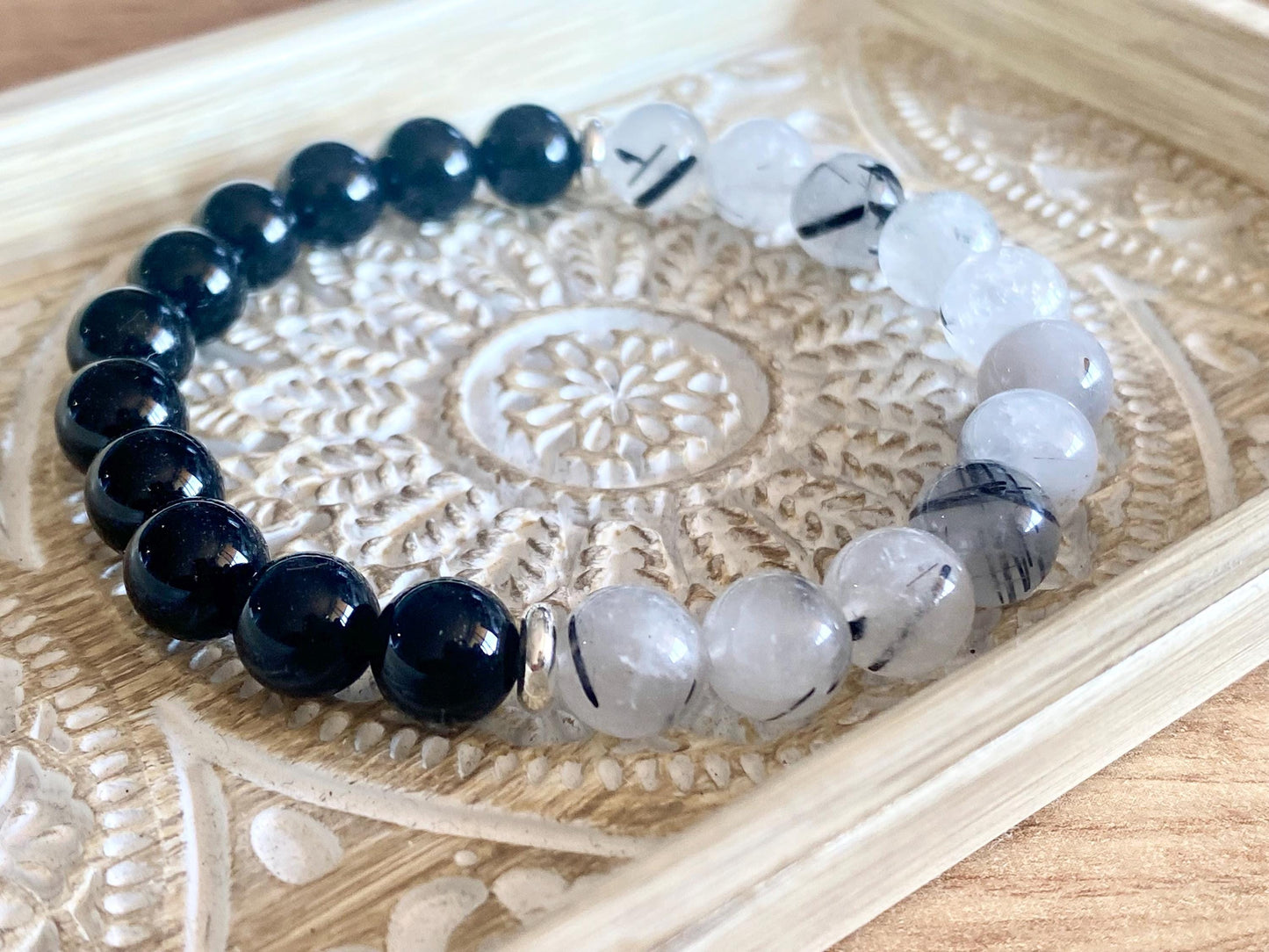 Double Protection Bracelet, Black Tourmaline & Tourmalinated Quartz Bracelet