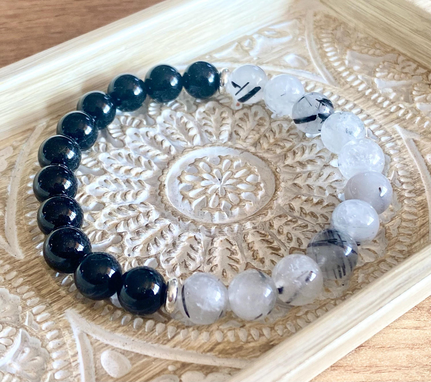 Double Protection Bracelet, Black Tourmaline & Tourmalinated Quartz Bracelet