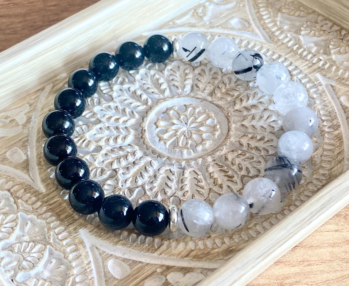 Double Protection Bracelet, Black Tourmaline & Tourmalinated Quartz Bracelet