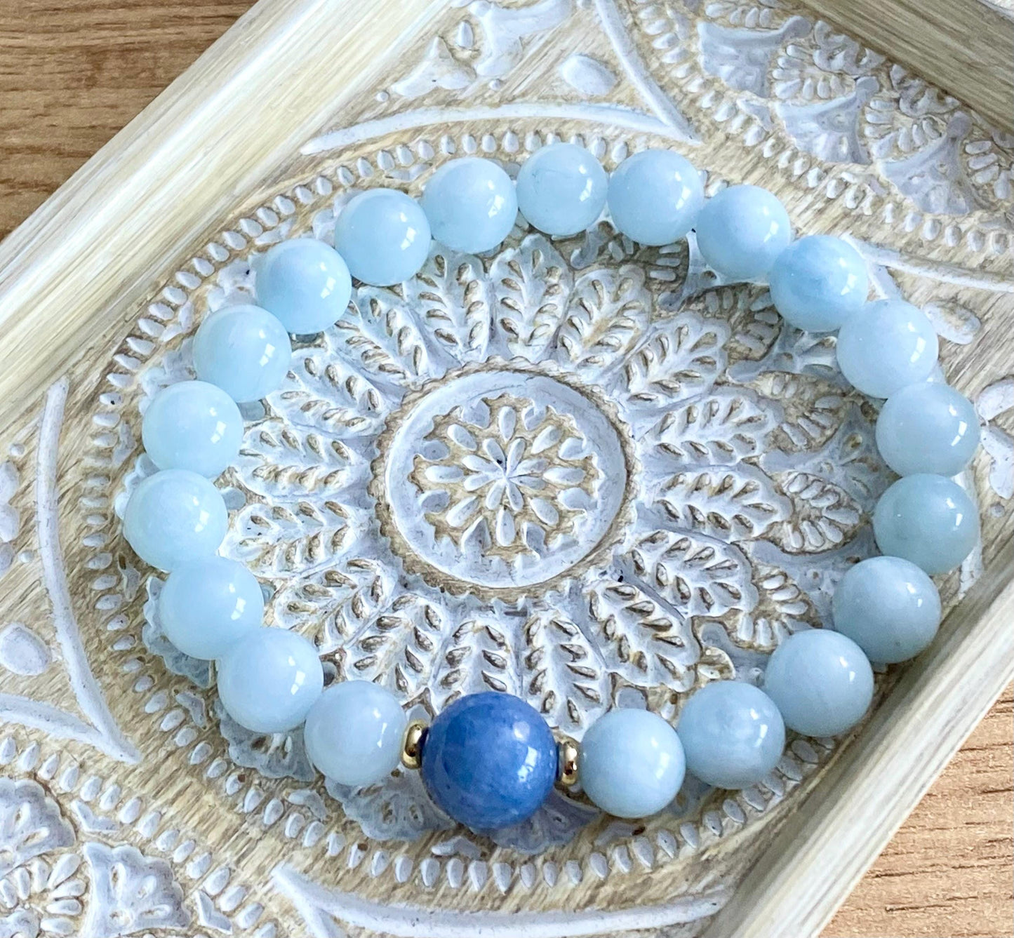 Aquamarine 8mm &  Blue Aventurine Beaded Bracelet