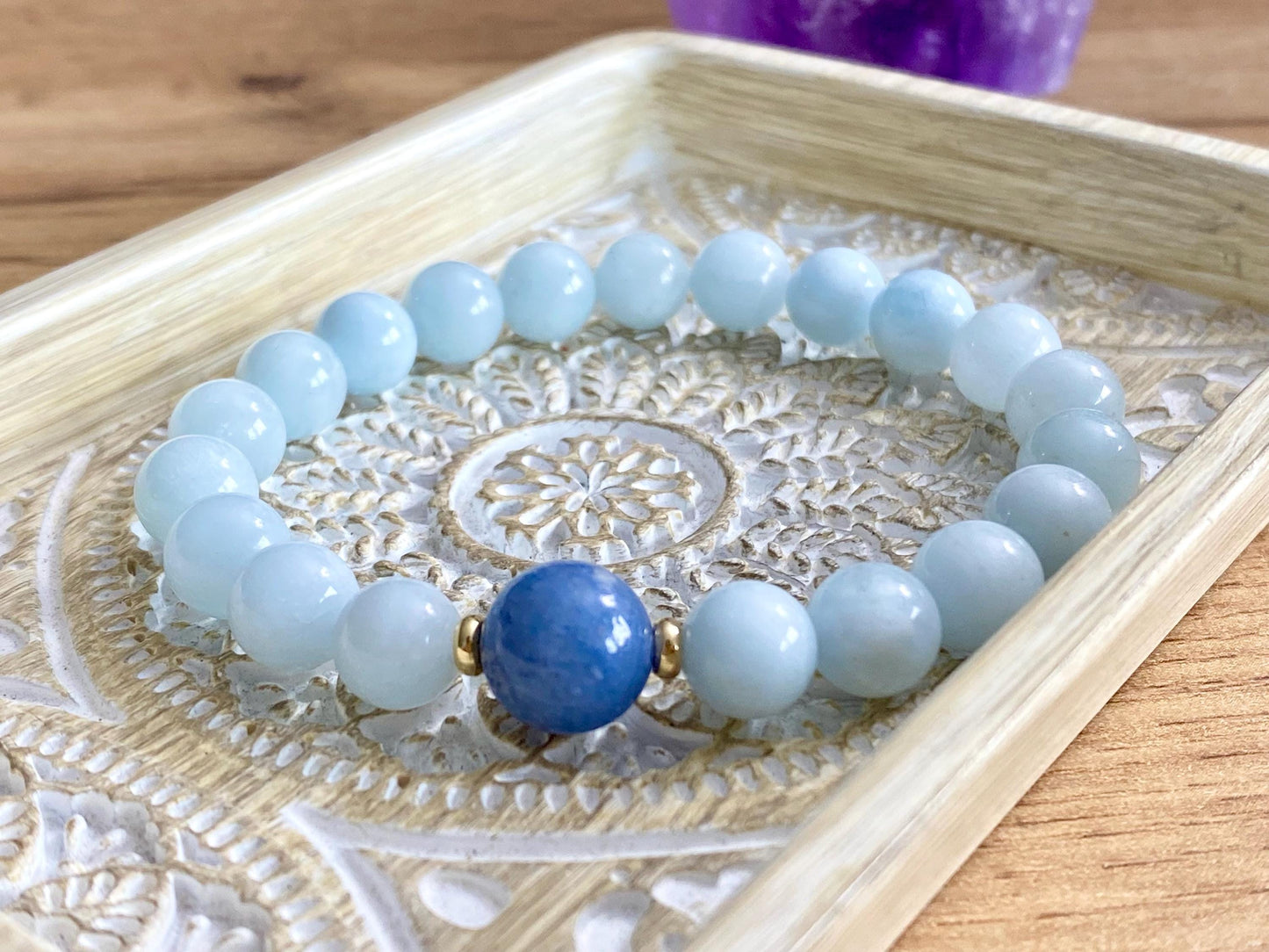 Aquamarine 8mm &  Blue Aventurine Beaded Bracelet