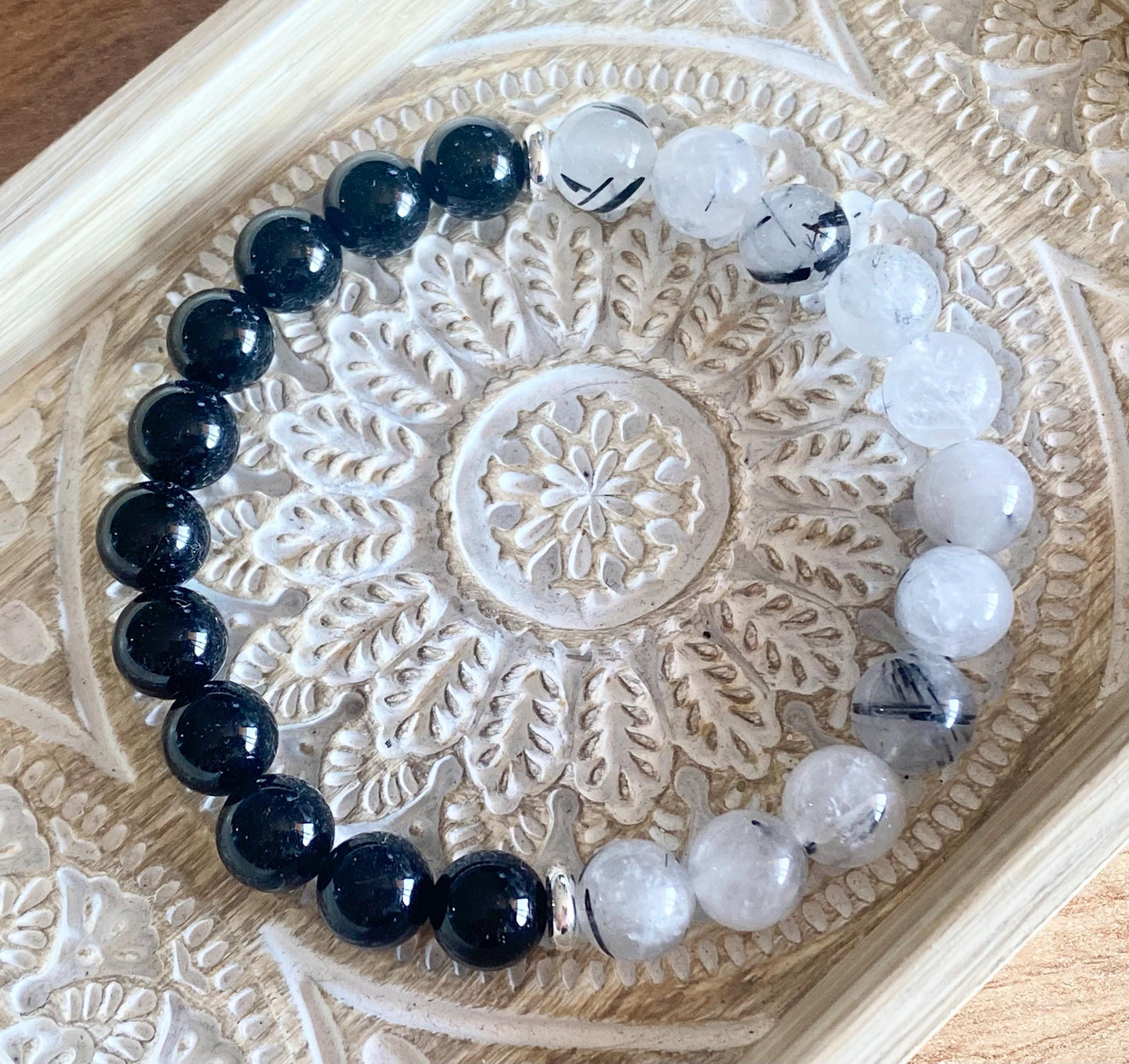 Double Protection Bracelet, Black Tourmaline & Tourmalinated Quartz Bracelet