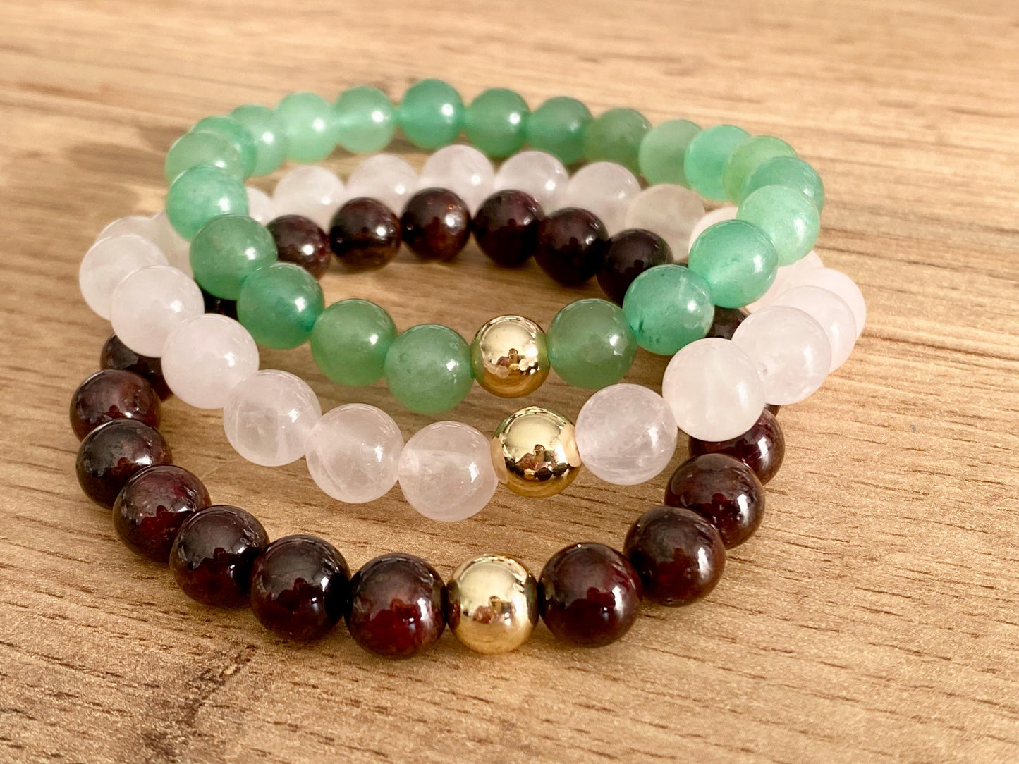 Zodiac Taurus Crystal Protection Bracelet - 3 pack Natural Gemstone - Green Aventurine, Rose Quartz, Garnet