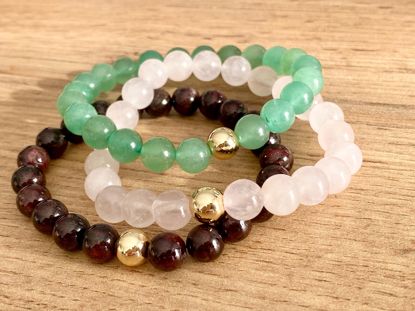 Zodiac Taurus Crystal Protection Bracelet - 3 pack Natural Gemstone - Green Aventurine, Rose Quartz, Garnet