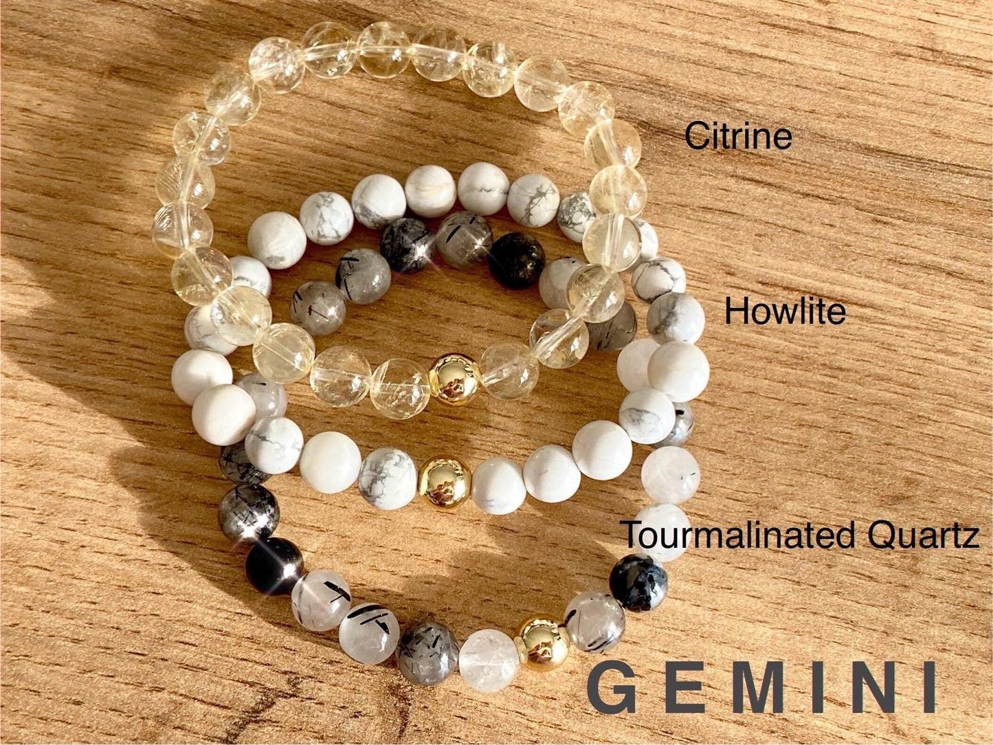 Zodiac Gemini Crystal Protection Bracelet - 3 pack Natural Gemstone - Citrine, Howlite, Tourmalinated Quartz