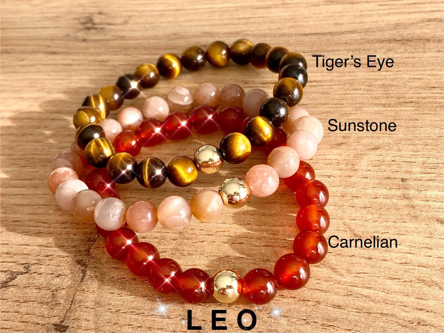 Zodiac Leo Crystal Protection Bracelet - 3 pack Natural Gemstone - Tiger’s Eye, Sunstone, Carnelian