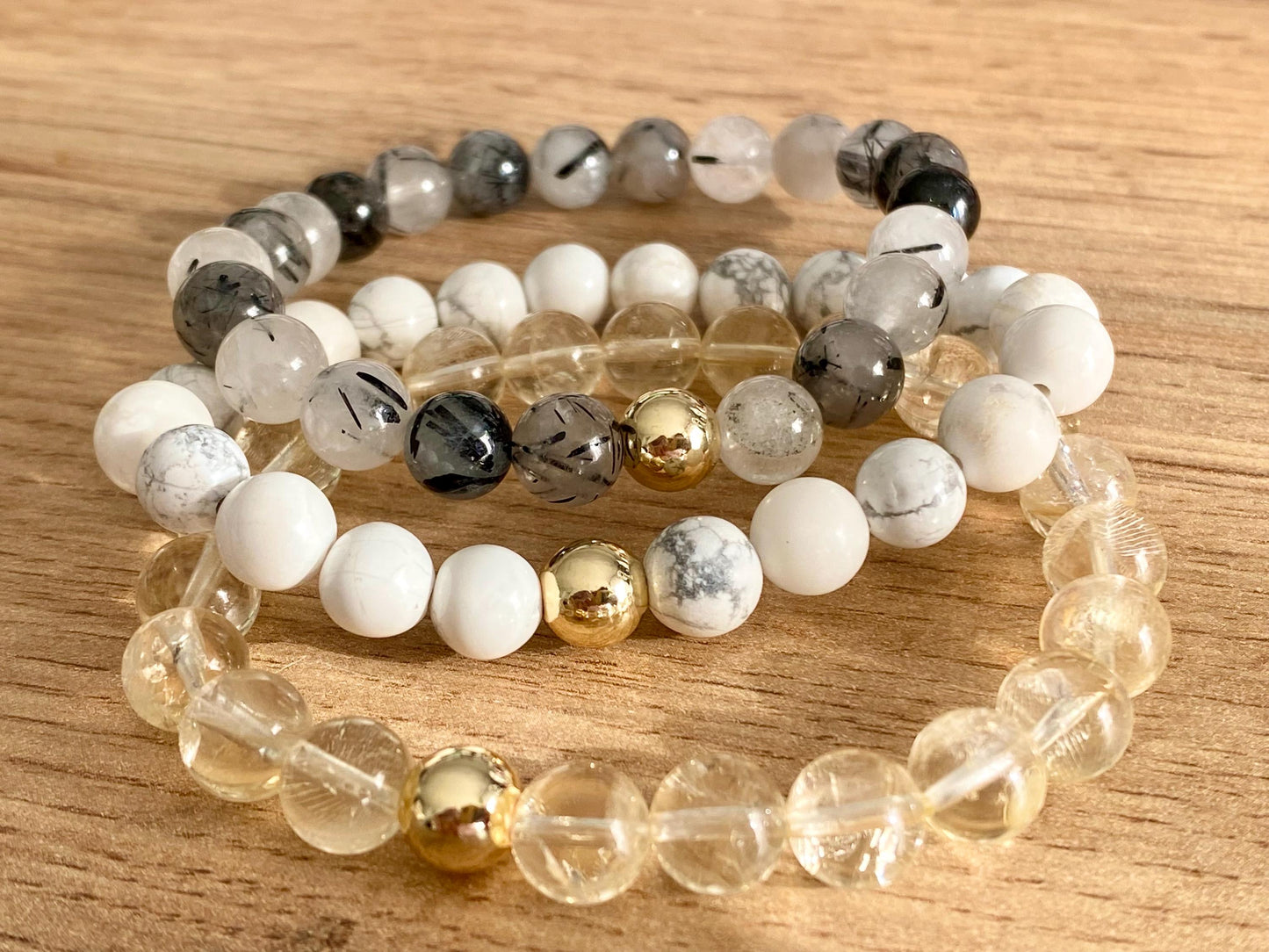 Zodiac Gemini Crystal Protection Bracelet - 3 pack Natural Gemstone - Citrine, Howlite, Tourmalinated Quartz
