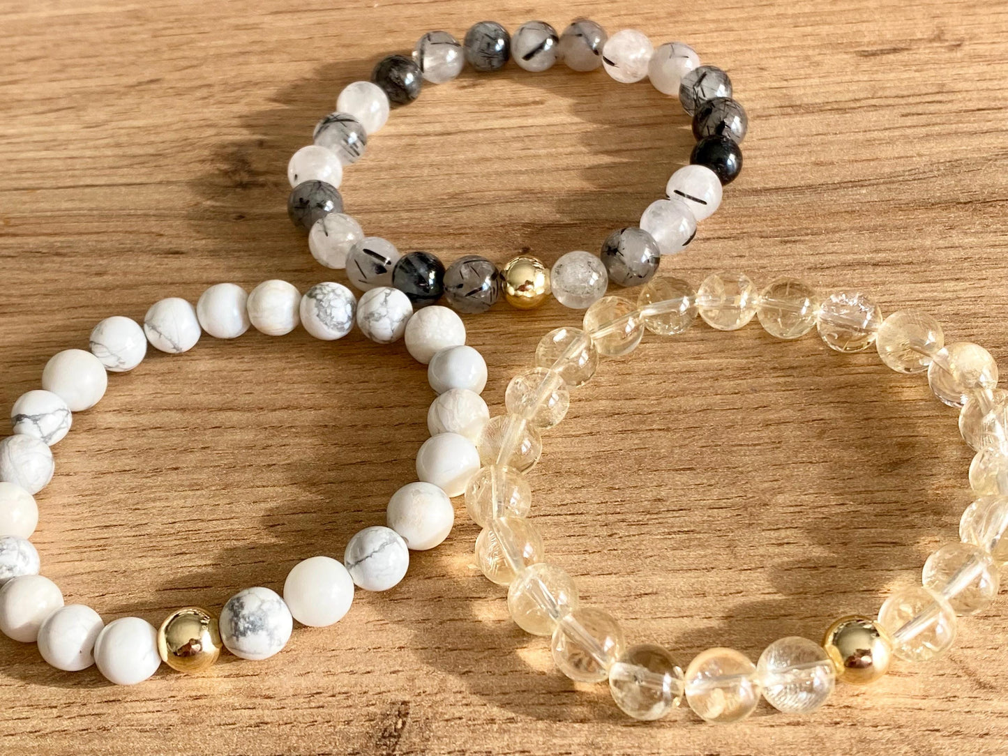 Zodiac Gemini Crystal Protection Bracelet - 3 pack Natural Gemstone - Citrine, Howlite, Tourmalinated Quartz