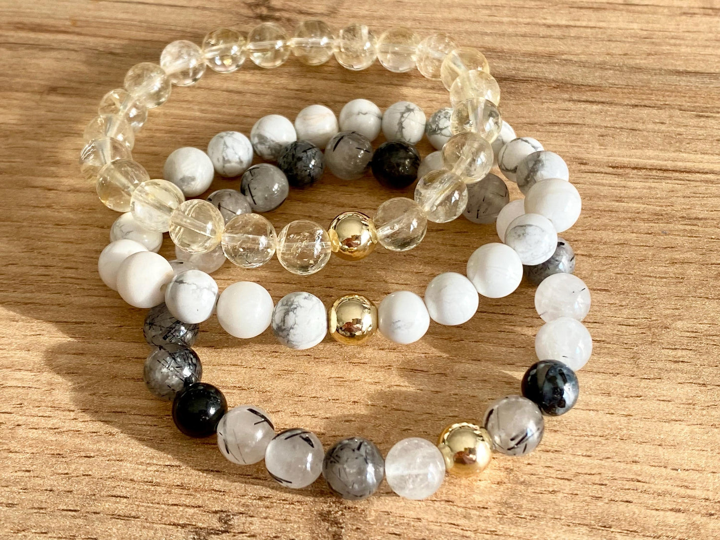 Zodiac Gemini Crystal Protection Bracelet - 3 pack Natural Gemstone - Citrine, Howlite, Tourmalinated Quartz