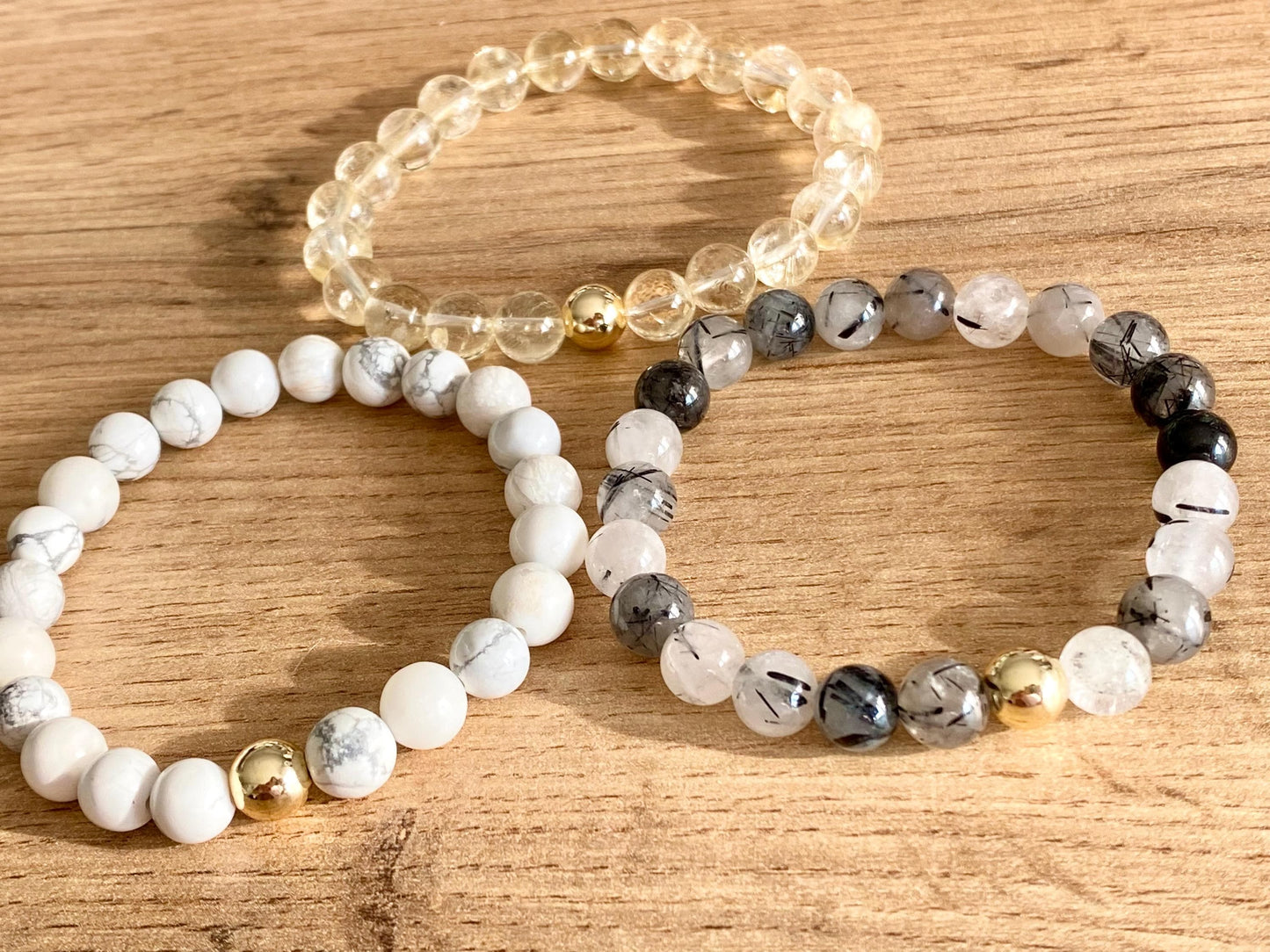 Zodiac Gemini Crystal Protection Bracelet - 3 pack Natural Gemstone - Citrine, Howlite, Tourmalinated Quartz