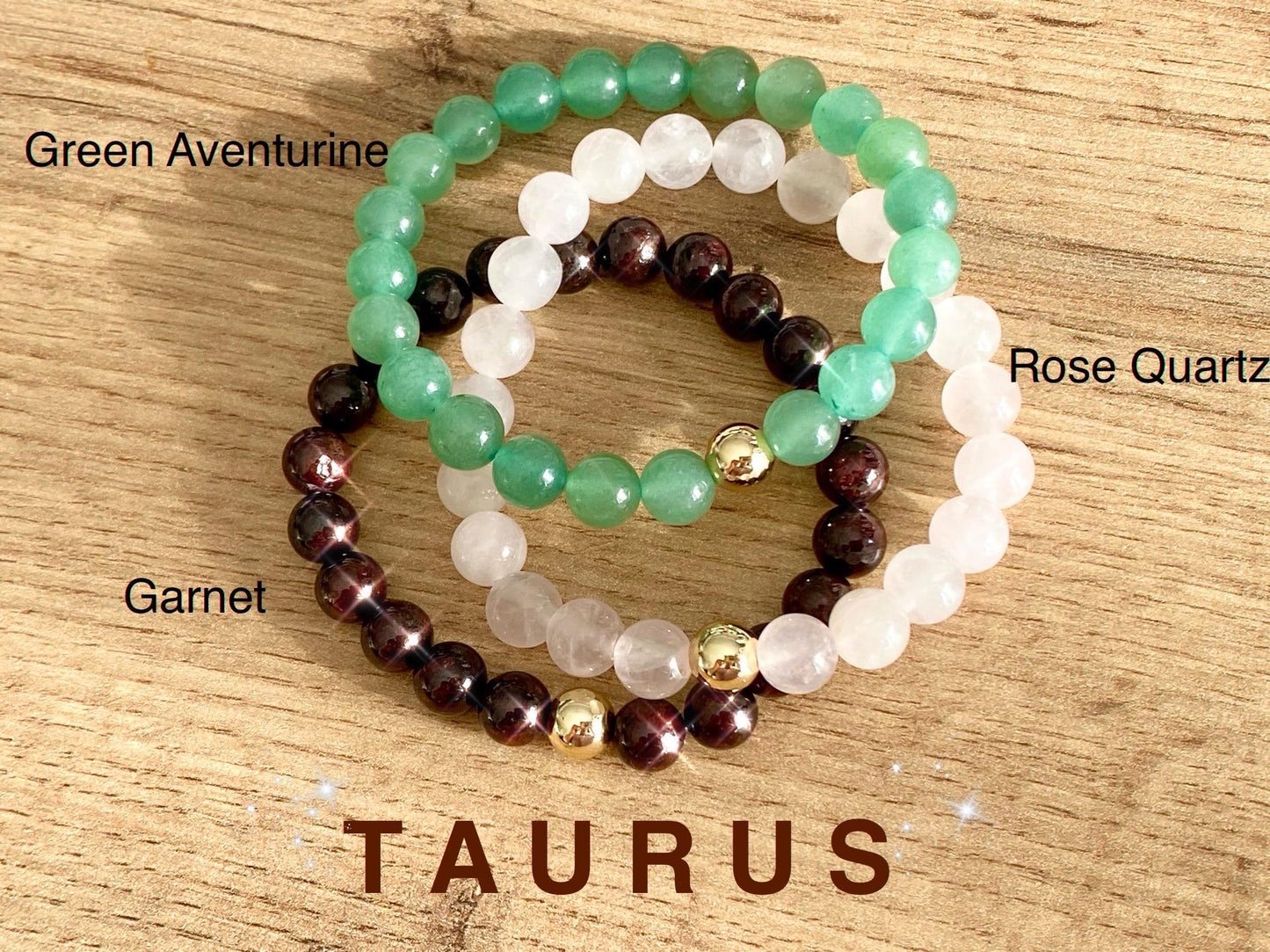 Zodiac Taurus Crystal Protection Bracelet - 3 pack Natural Gemstone - Green Aventurine, Rose Quartz, Garnet