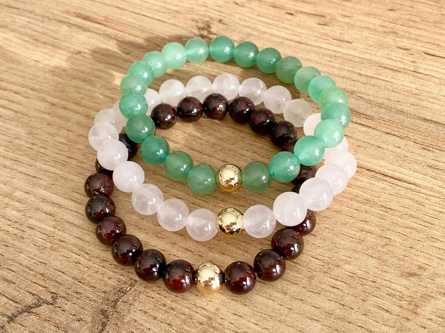 Zodiac Taurus Crystal Protection Bracelet - 3 pack Natural Gemstone - Green Aventurine, Rose Quartz, Garnet