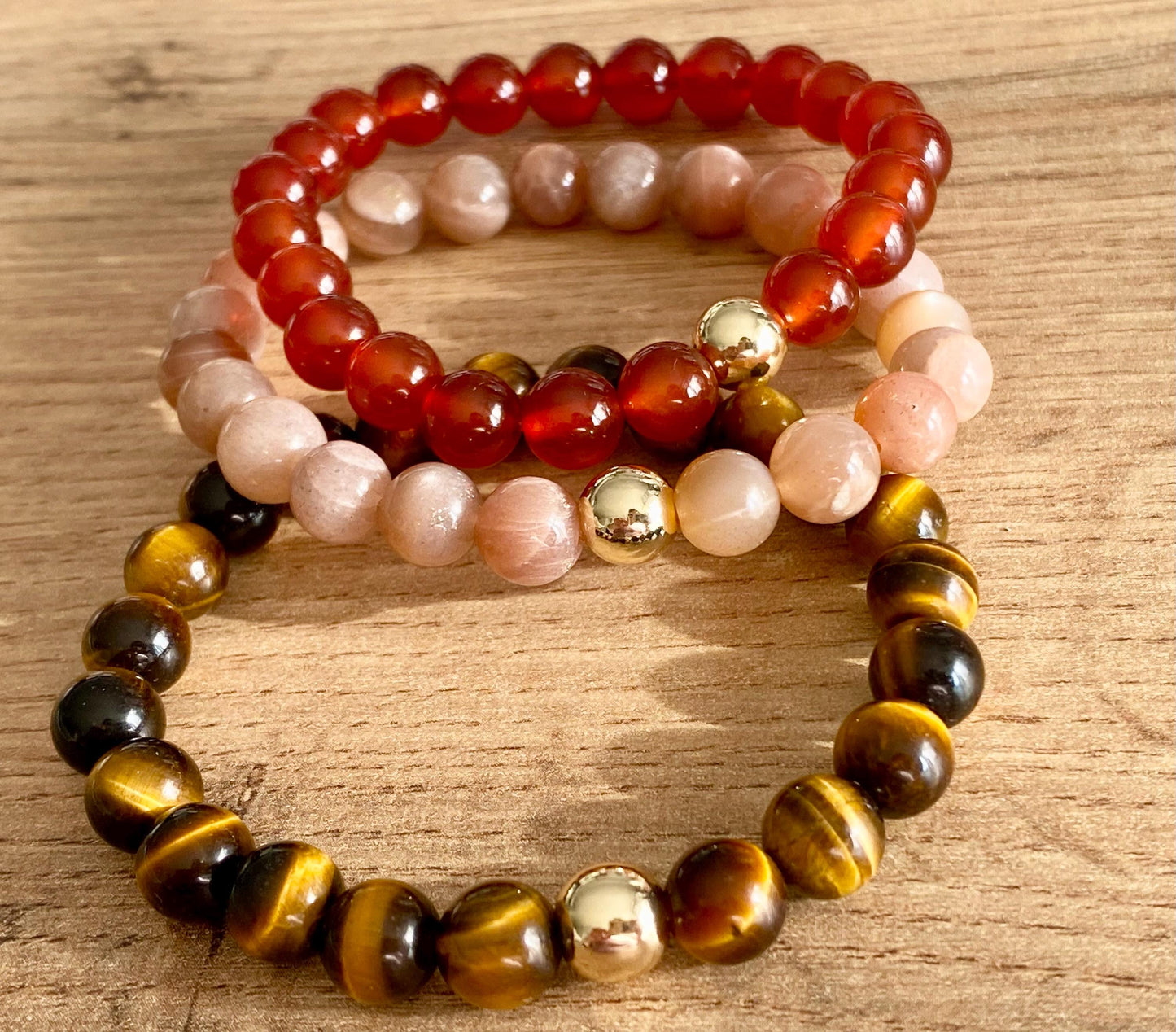 Zodiac Leo Crystal Protection Bracelet - 3 pack Natural Gemstone - Tiger’s Eye, Sunstone, Carnelian