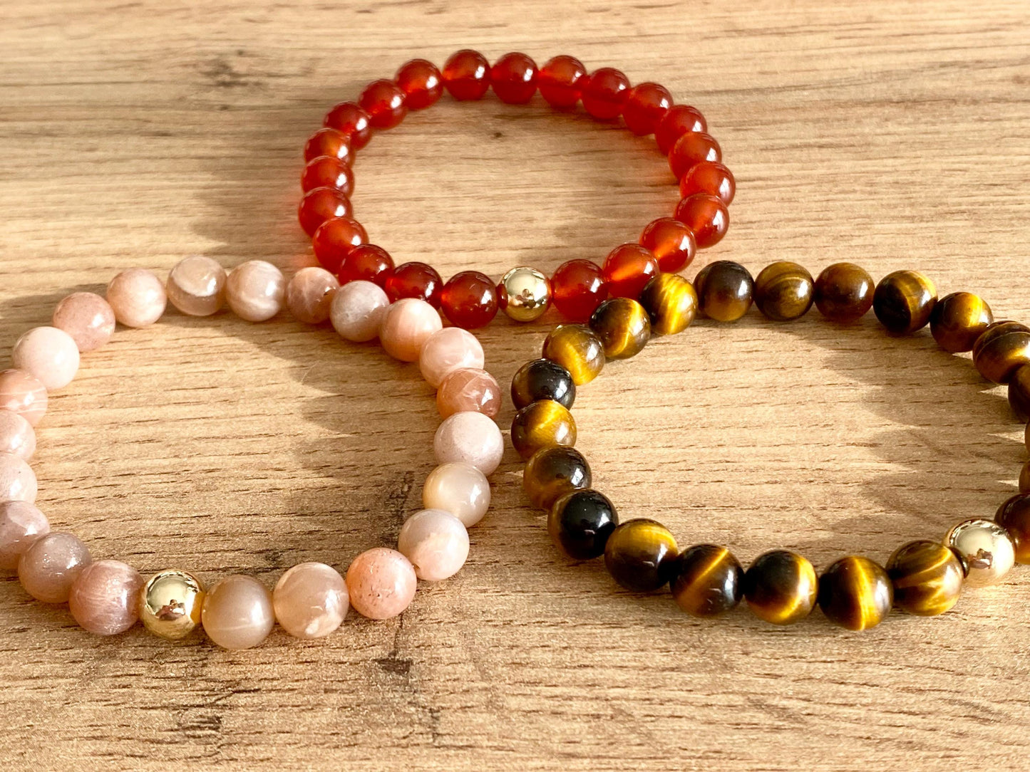 Zodiac Leo Crystal Protection Bracelet - 3 pack Natural Gemstone - Tiger’s Eye, Sunstone, Carnelian