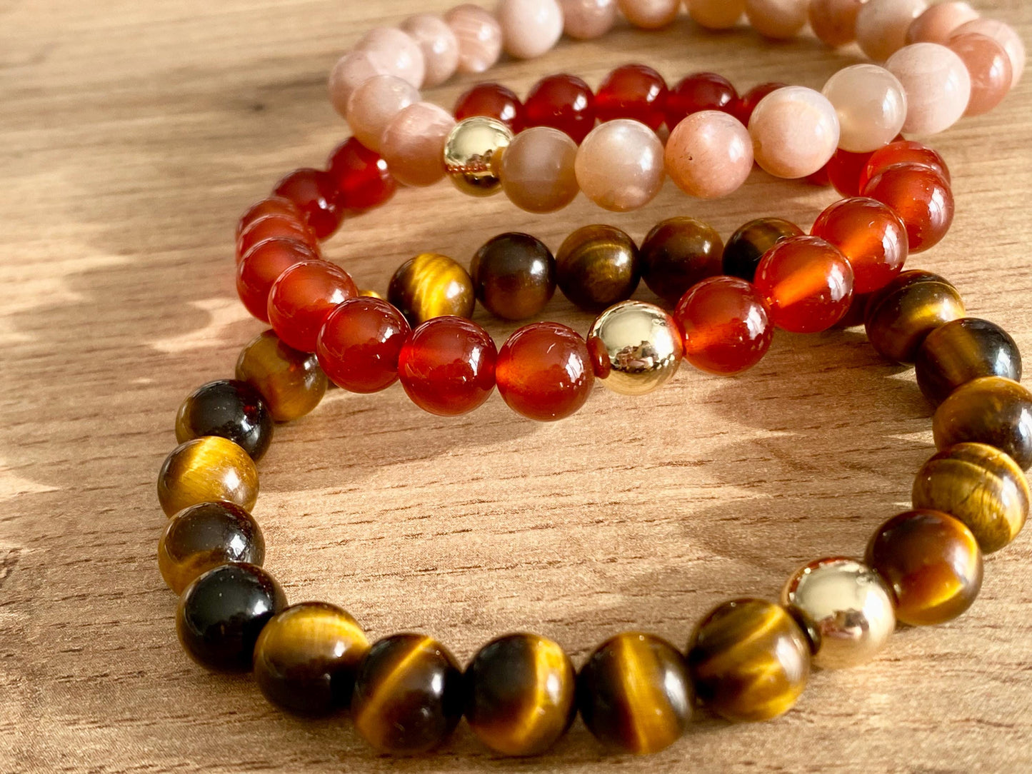 Zodiac Leo Crystal Protection Bracelet - 3 pack Natural Gemstone - Tiger’s Eye, Sunstone, Carnelian