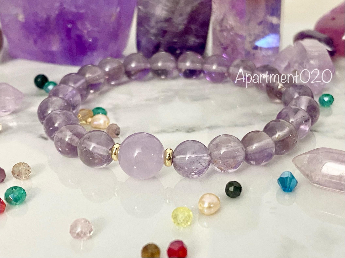 Rare 8mm Clear Amethyst & 10mm Lavender Amethyst Beaded Bracelet