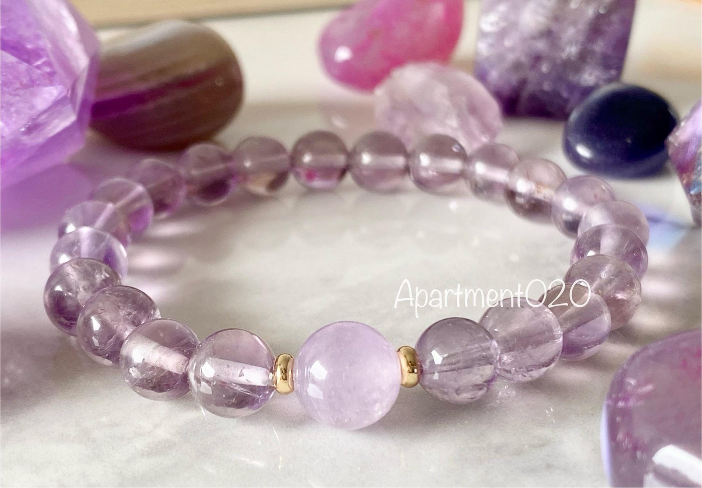 Rare 8mm Clear Amethyst & 10mm Lavender Amethyst Beaded Bracelet