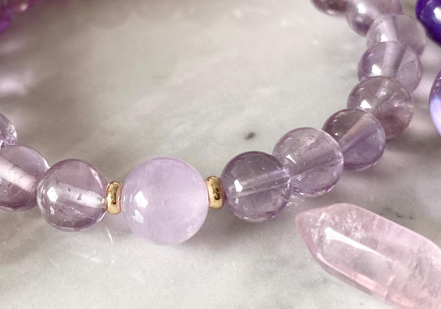 Rare 8mm Clear Amethyst & 10mm Lavender Amethyst Beaded Bracelet
