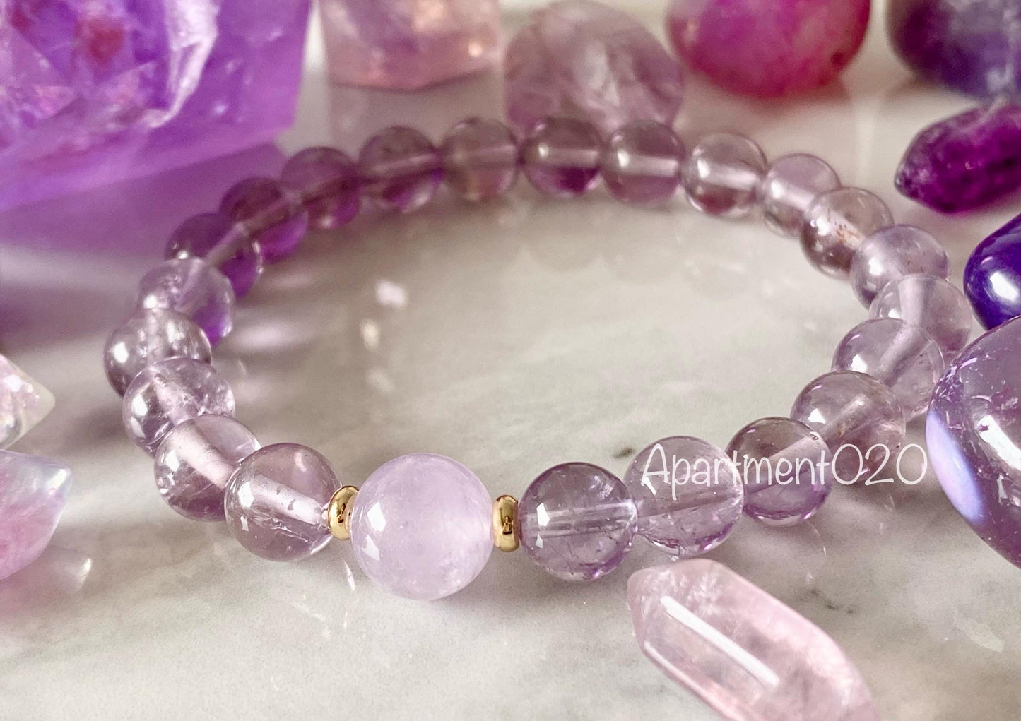 Rare 8mm Clear Amethyst & 10mm Lavender Amethyst Beaded Bracelet