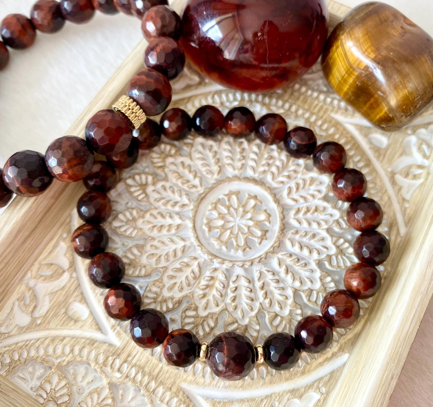 2 Set  Red Tiger's Eye Crystal Bracelet, 8mm & 10mm Faceted Bead Bracelet Set