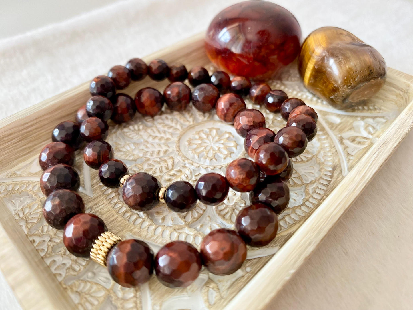 2 Set  Red Tiger's Eye Crystal Bracelet, 8mm & 10mm Faceted Bead Bracelet Set
