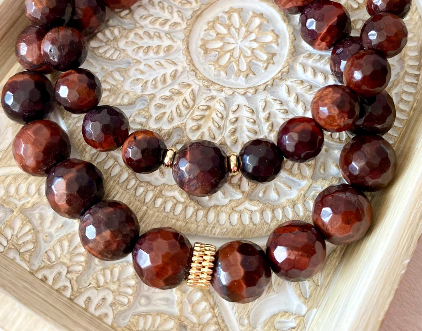 2 Set  Red Tiger's Eye Crystal Bracelet, 8mm & 10mm Faceted Bead Bracelet Set