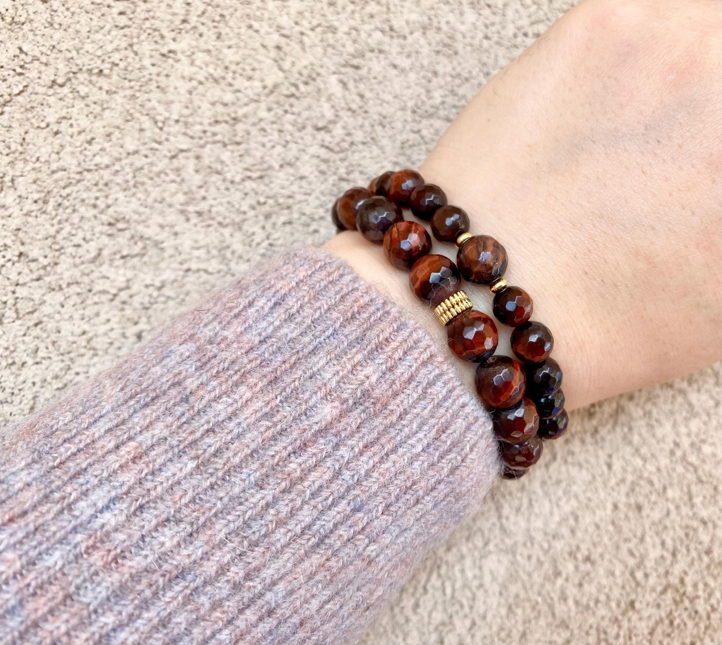 2 Set  Red Tiger's Eye Crystal Bracelet, 8mm & 10mm Faceted Bead Bracelet Set