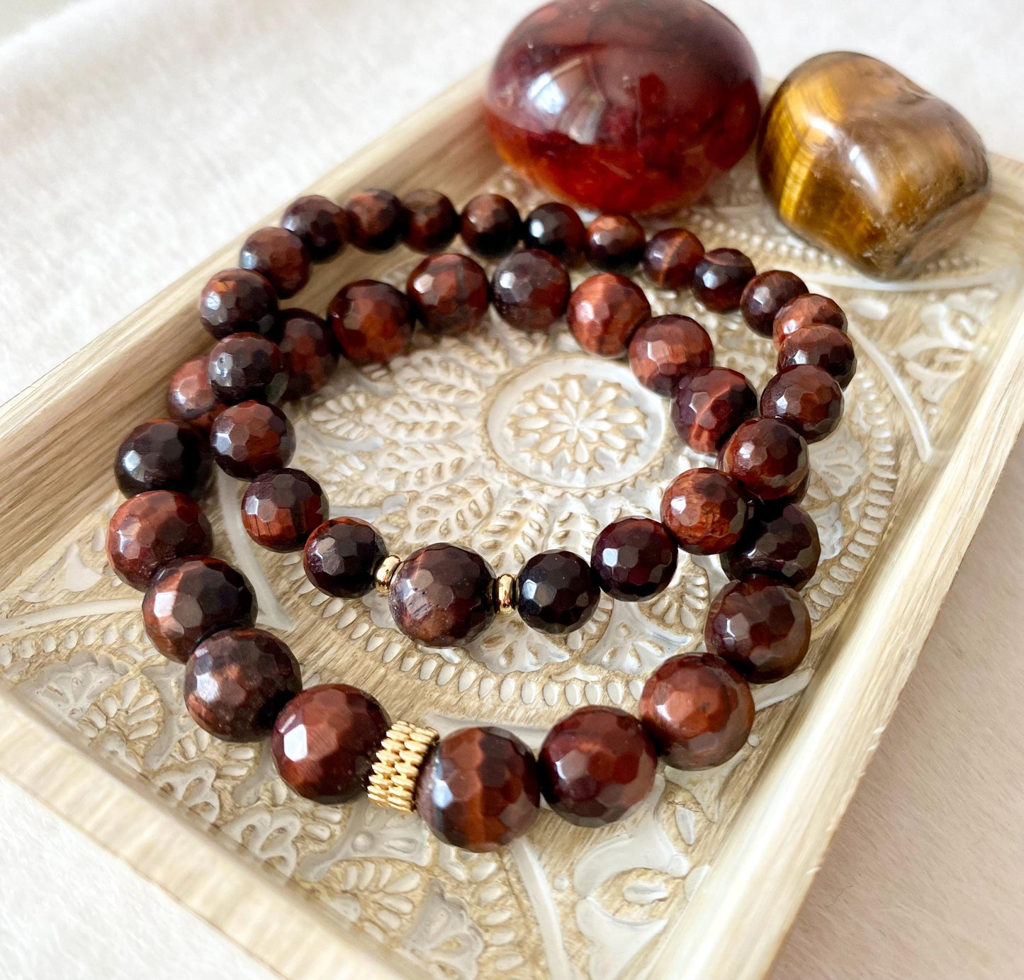 2 Set  Red Tiger's Eye Crystal Bracelet, 8mm & 10mm Faceted Bead Bracelet Set
